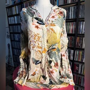 H&M Tropical Floral Bird Print Dress Size 4 Boho Cottagecore Flowy